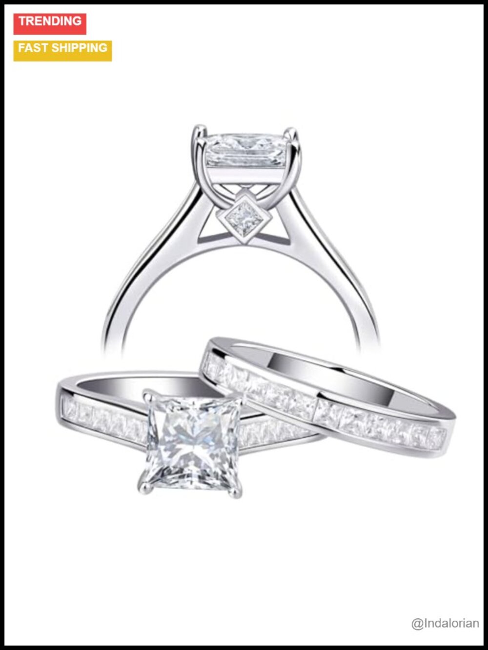 Princess Cut 5A Cubic Zirconia Solitaire Wedding Ring Set White Gold Silver